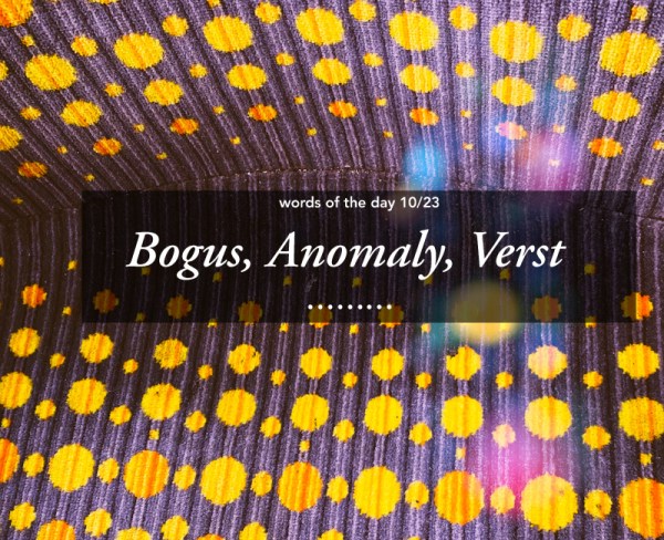 grey blue background with yellow polka dots. A box in the center that reads words of the day 10/23. Bogus, Anomaly, Verst.