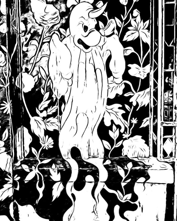 black and white mural of ghost with white flowers in background