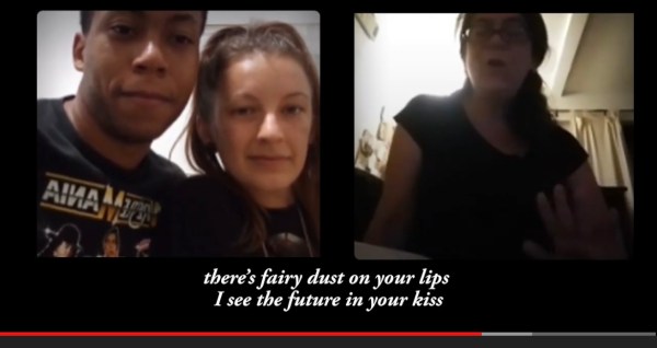 Screen shot of a you tube video. Transe and Hanna, the hosts on one side and me on the other. The lyric There’s fairy dust on your lips, I see the future in your kiss captioned below our pics.