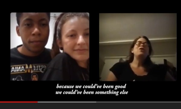 Screenshot from video. Transe and Hanna on the left, me on the right. Subtitles below that say we could’ve been good, we could’ve been something else.
