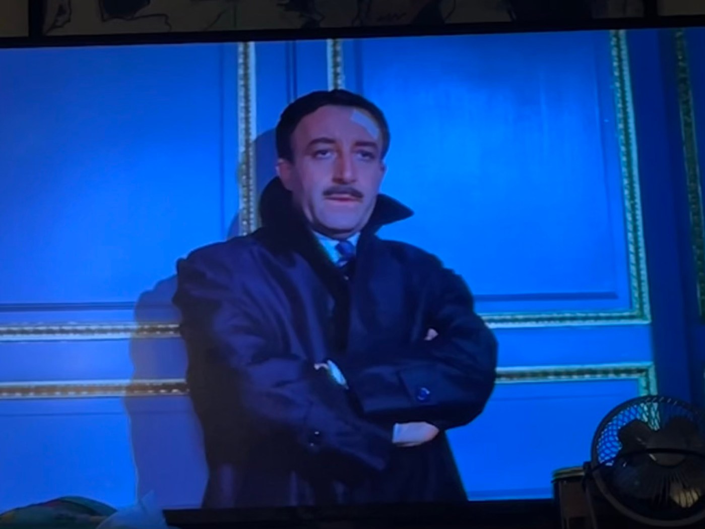 a still of Peter Sellers from the movie A shot in the dark relaxing against a door.